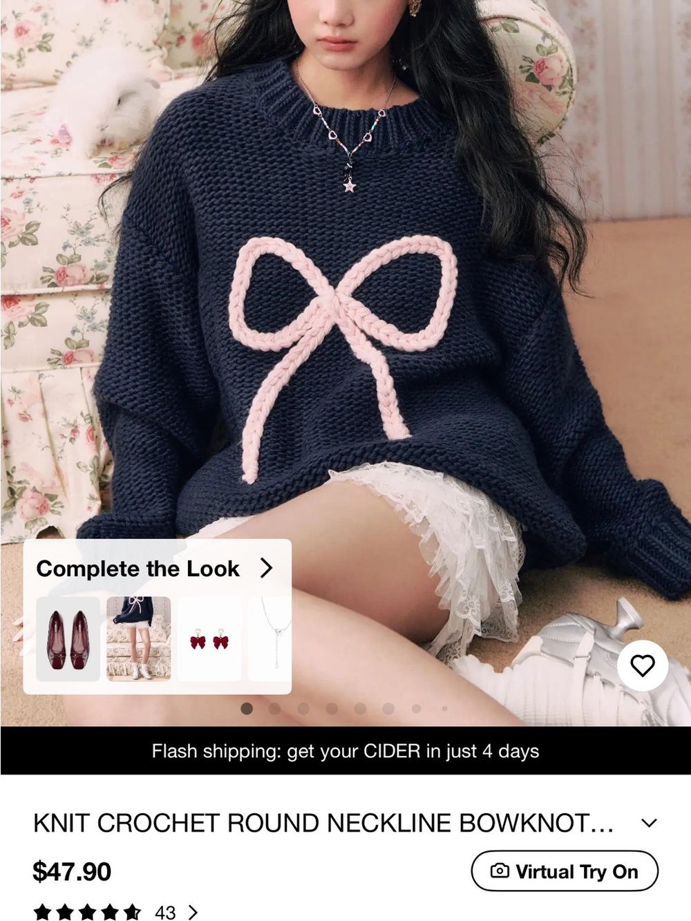 Cider Navy Blue Knit Sweater with Pink Bow Accent